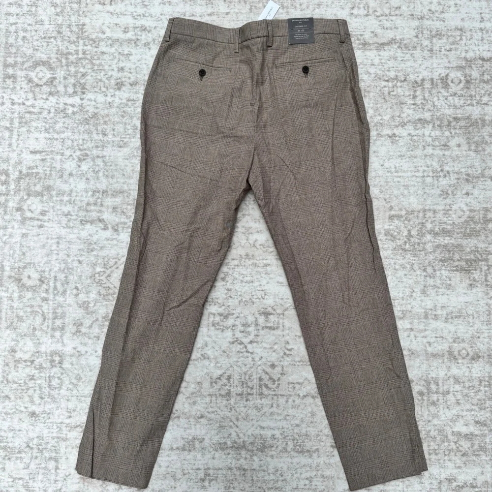Banana Republic Mens Tailored Fit Glen Plaid Linen Blend Dress Pants Brown 34x32